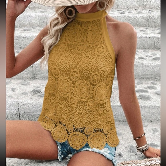 Boho Floral Sheer Mesh Lace High Mock Halter Neck Top Blouse Shirt Mustard - Picture 1 of 12